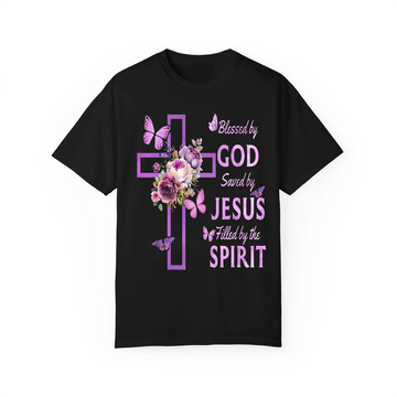 Blessed by God Saved by Jesus Shirt, Purple Floral Cross Christian Tee, Faith Gift, Jesus Lover Apparel