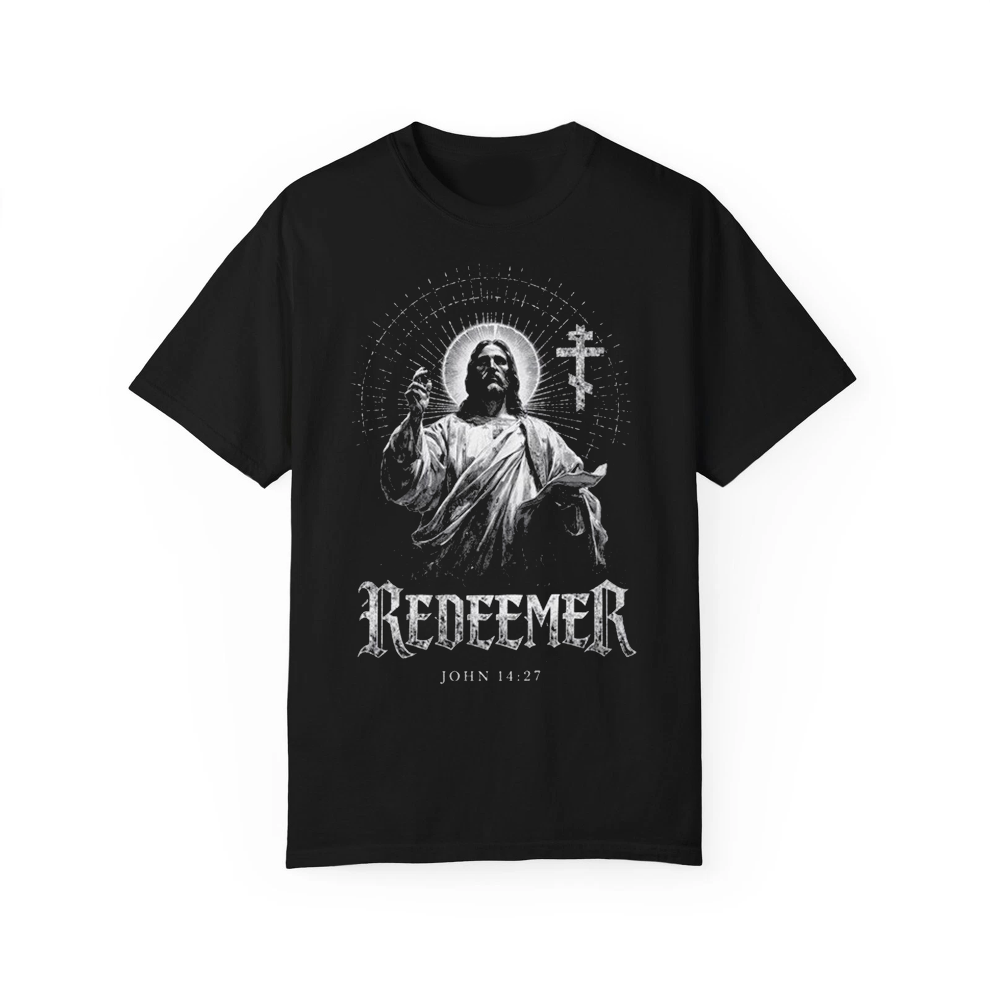 Redeemer Shirt Christian Orthodox Jesus Shirt Black Monochrome Religious T Shirt John 14:27 Faith Apparel Gothic Christian Streetwear