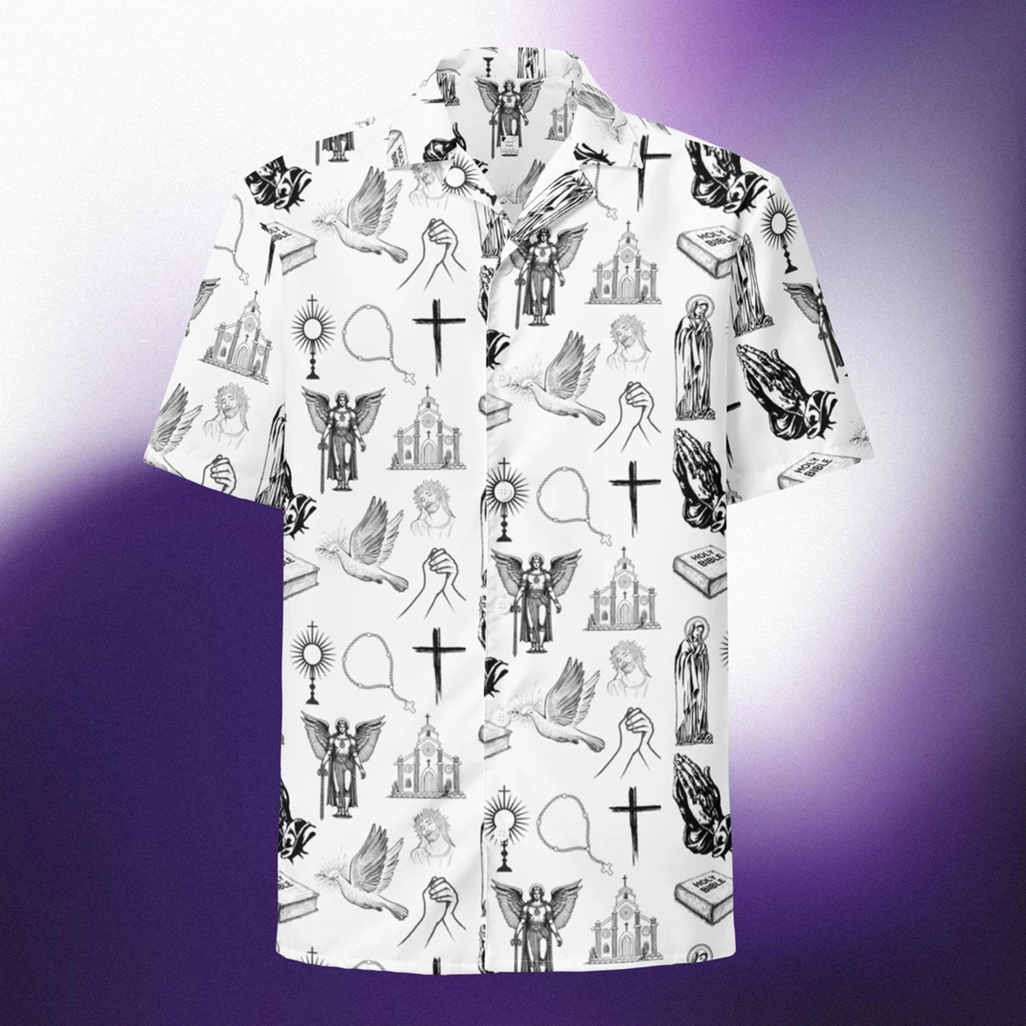 Catholic Christian Hawaiian Shirt, Religious Icon Pattern Button Down, Faith Aloha Shirt