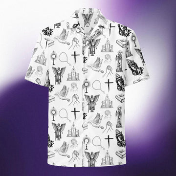 Catholic Christian Hawaiian Shirt, Religious Icon Pattern Button Down, Faith Aloha Shirt