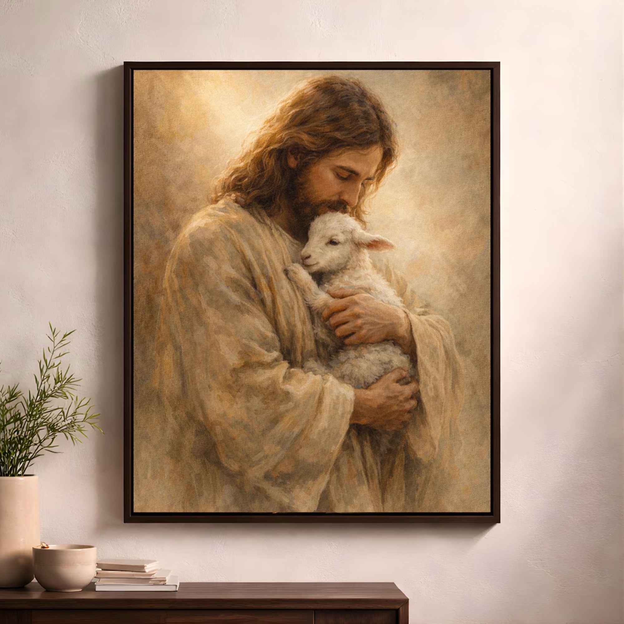 Jesus Holding Lamb Canvas Print, Good Shepherd Wall Art, Christian Decor, Spiritual Home Artwork