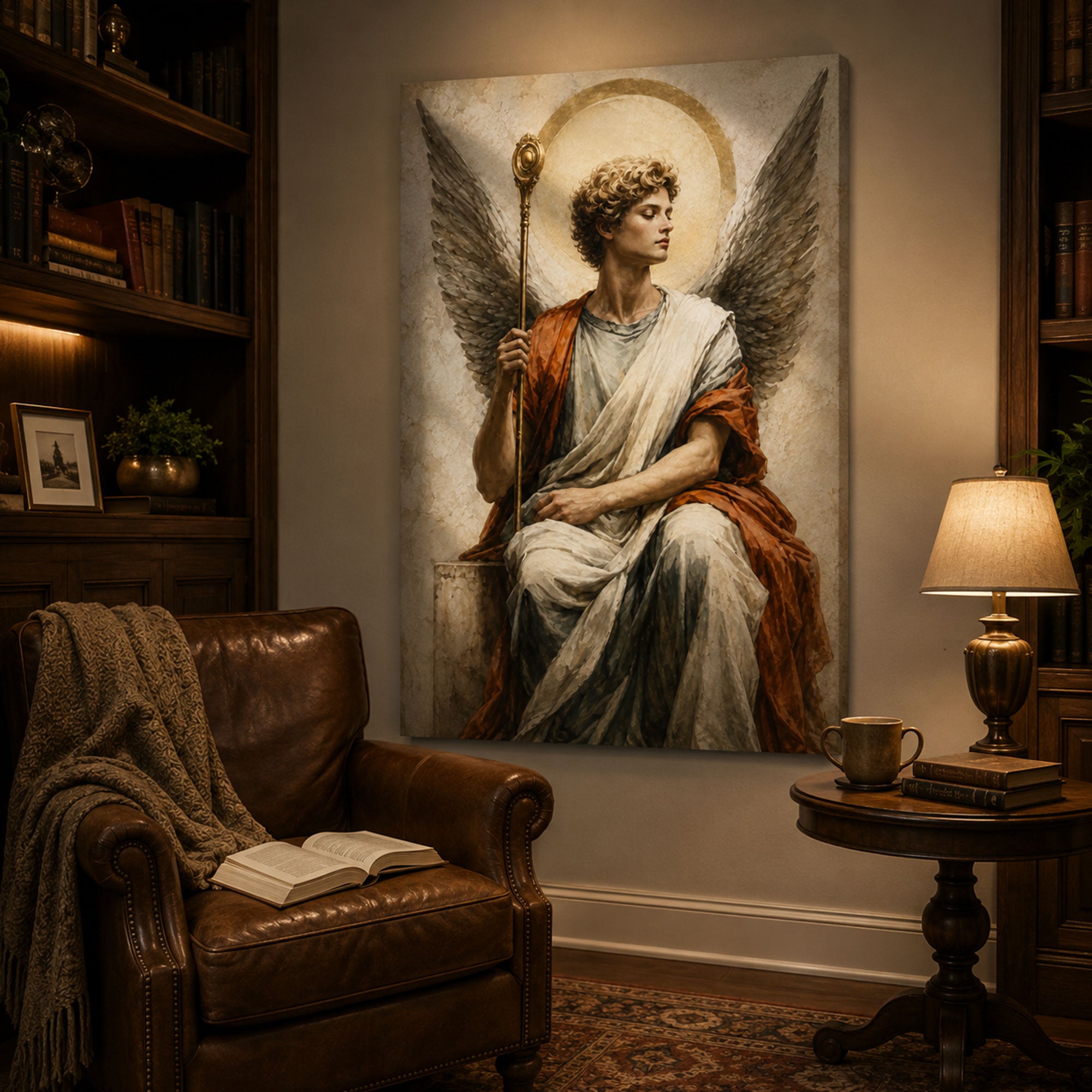Seated Archangel Canvas Print, Guardian Angel Christian Wall Art, Catholic Faith Home Decor