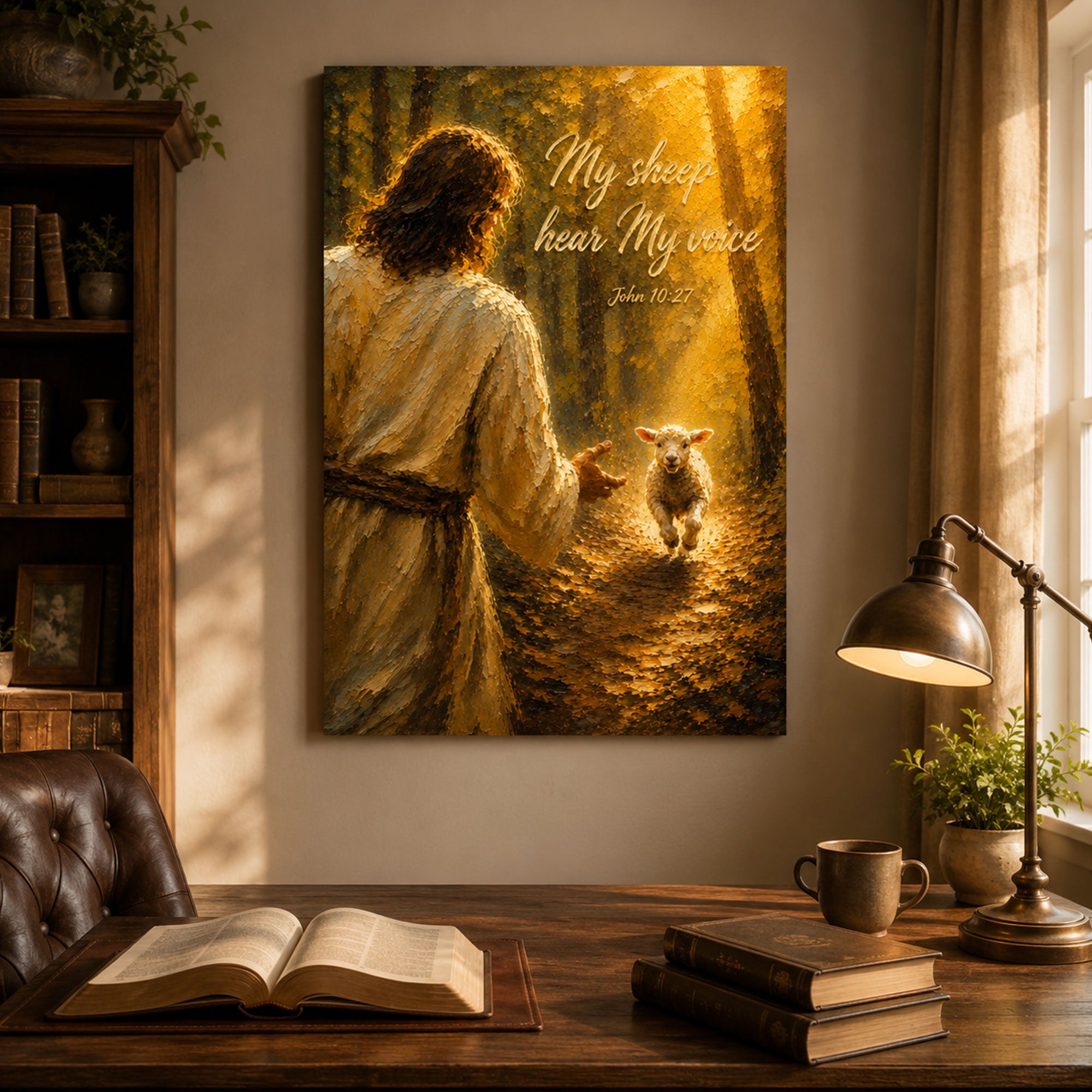 My Sheep Hear My Voice Canvas Print, Jesus and Lamb John 10:27 Christian Wall Art for Home Decor