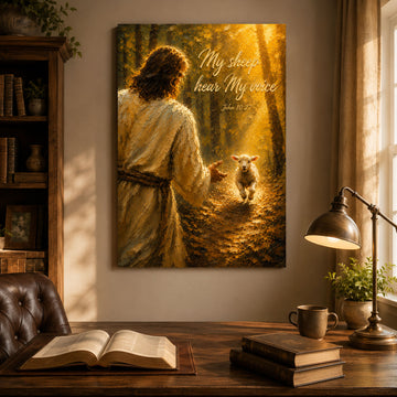 My Sheep Hear My Voice Canvas Print, Jesus and Lamb John 10:27 Christian Wall Art for Home Decor