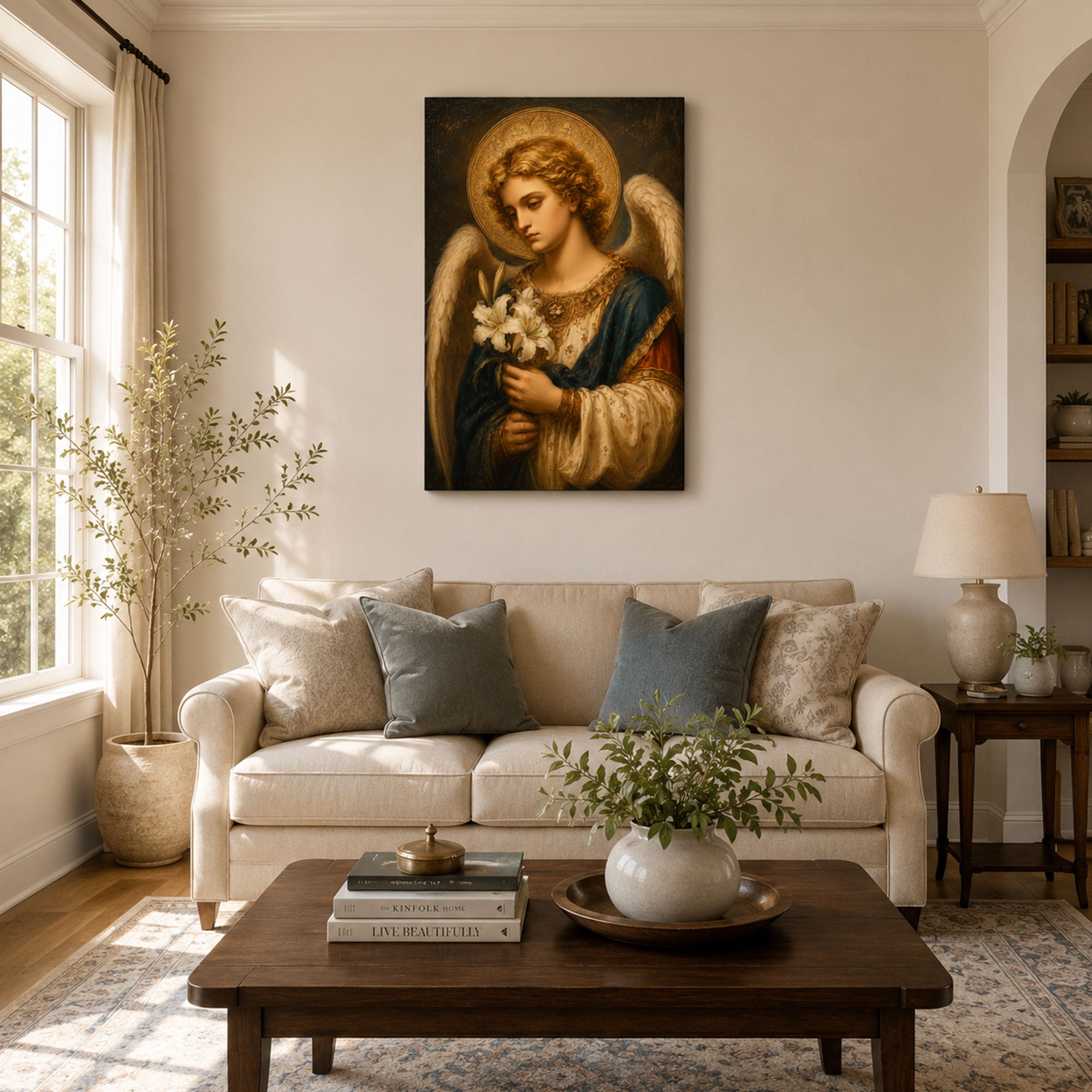 Archangel Gabriel with Lilies Canvas Print, Catholic Home Decor