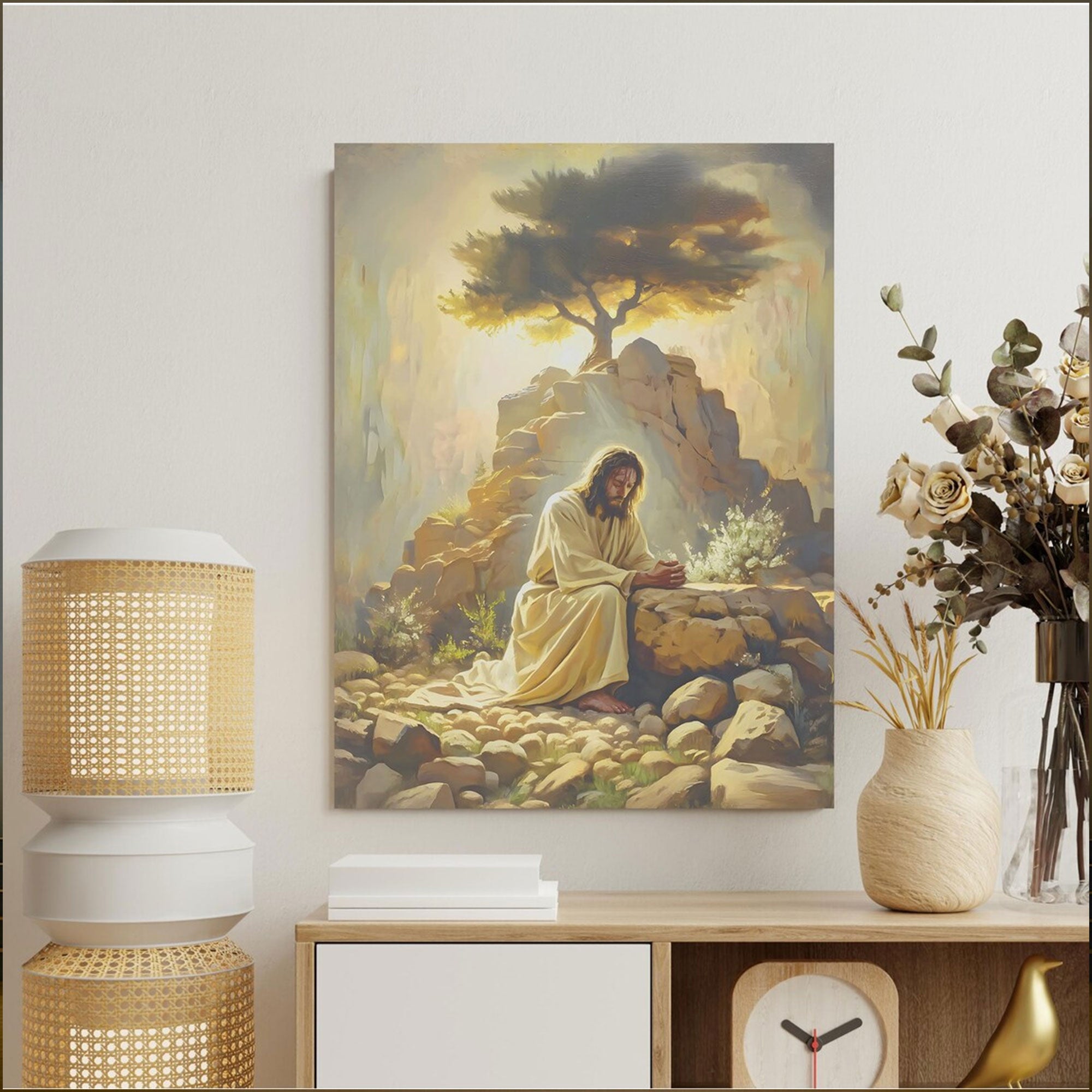 Jesus Praying in Gethsemane Canvas Wall Art, Biblical Garden Scene, Christian Religious Decor