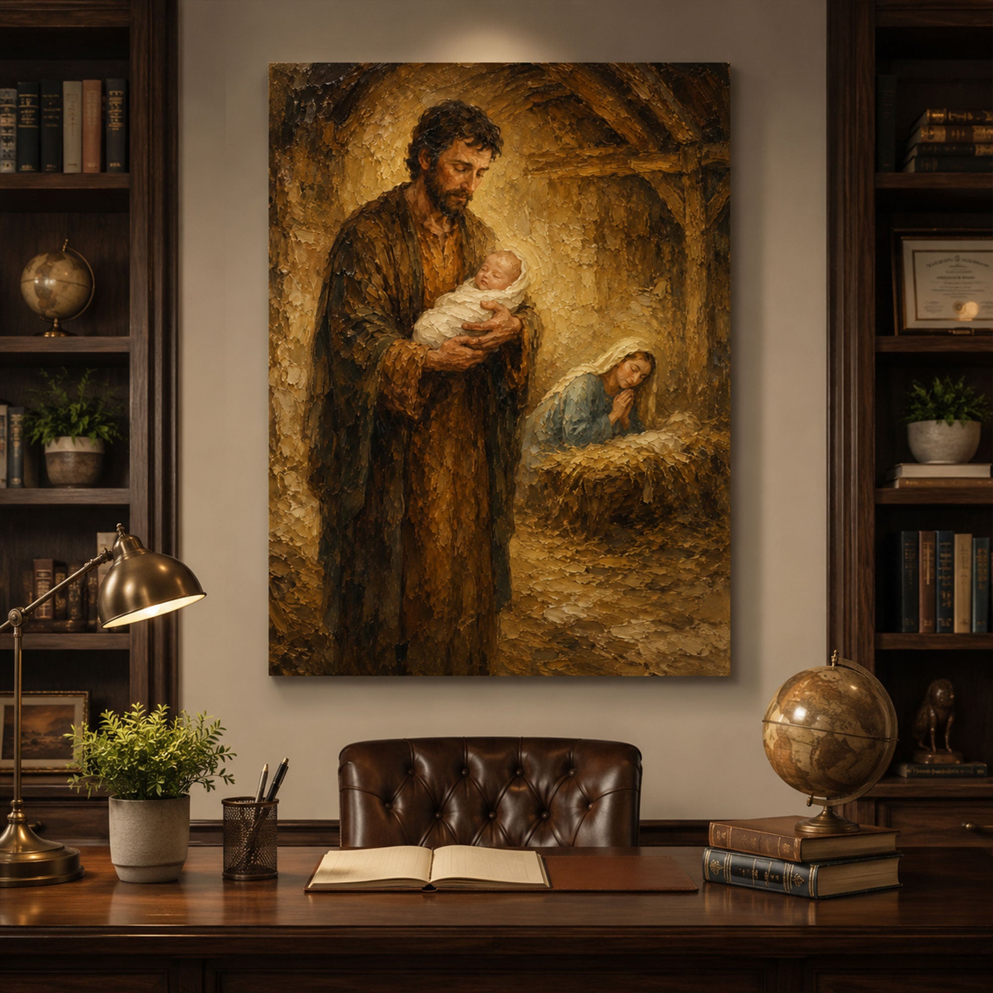Holy Family Nativity Canvas Print, St. Joseph Holding Baby Jesus, Christmas Catholic Wall Art, Christian Home Decor