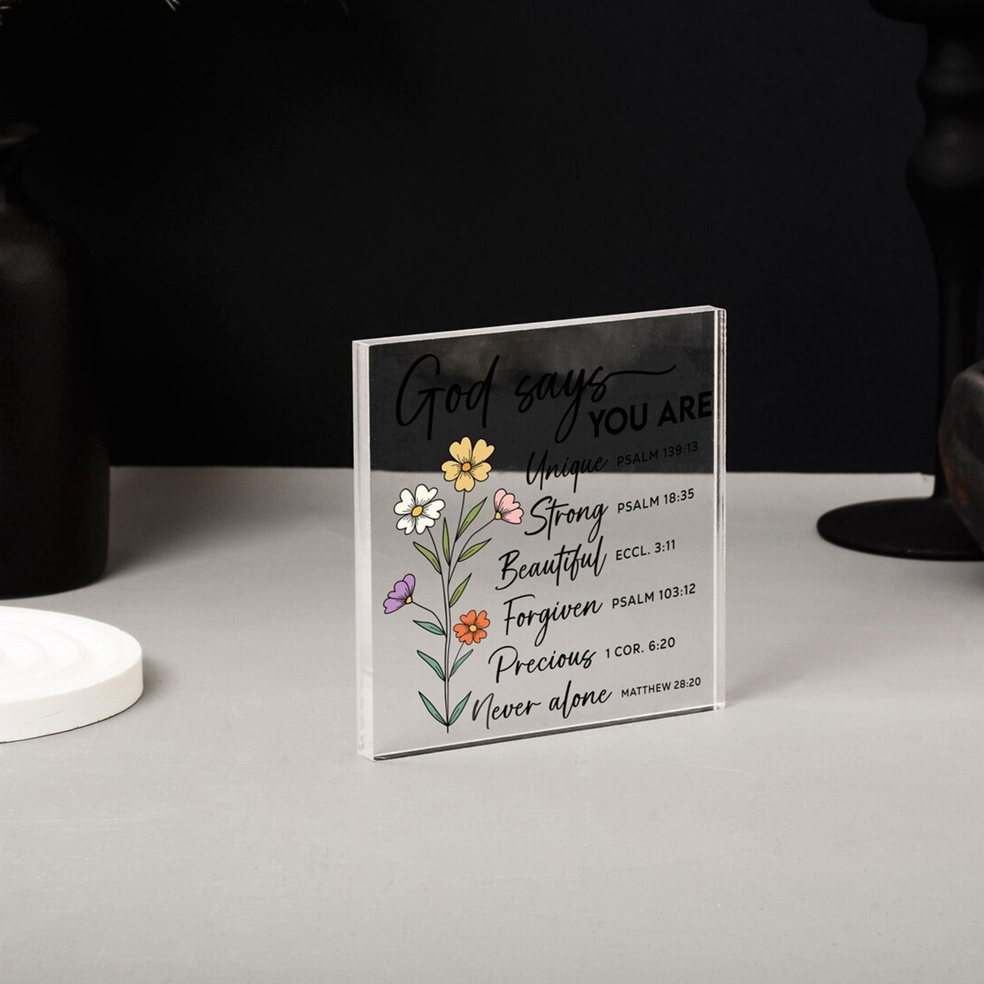 Personalized God Says You Are Acrylic Plaque, Custom Name Bible Verse Flower Decor, 2D Flat Christian Gift