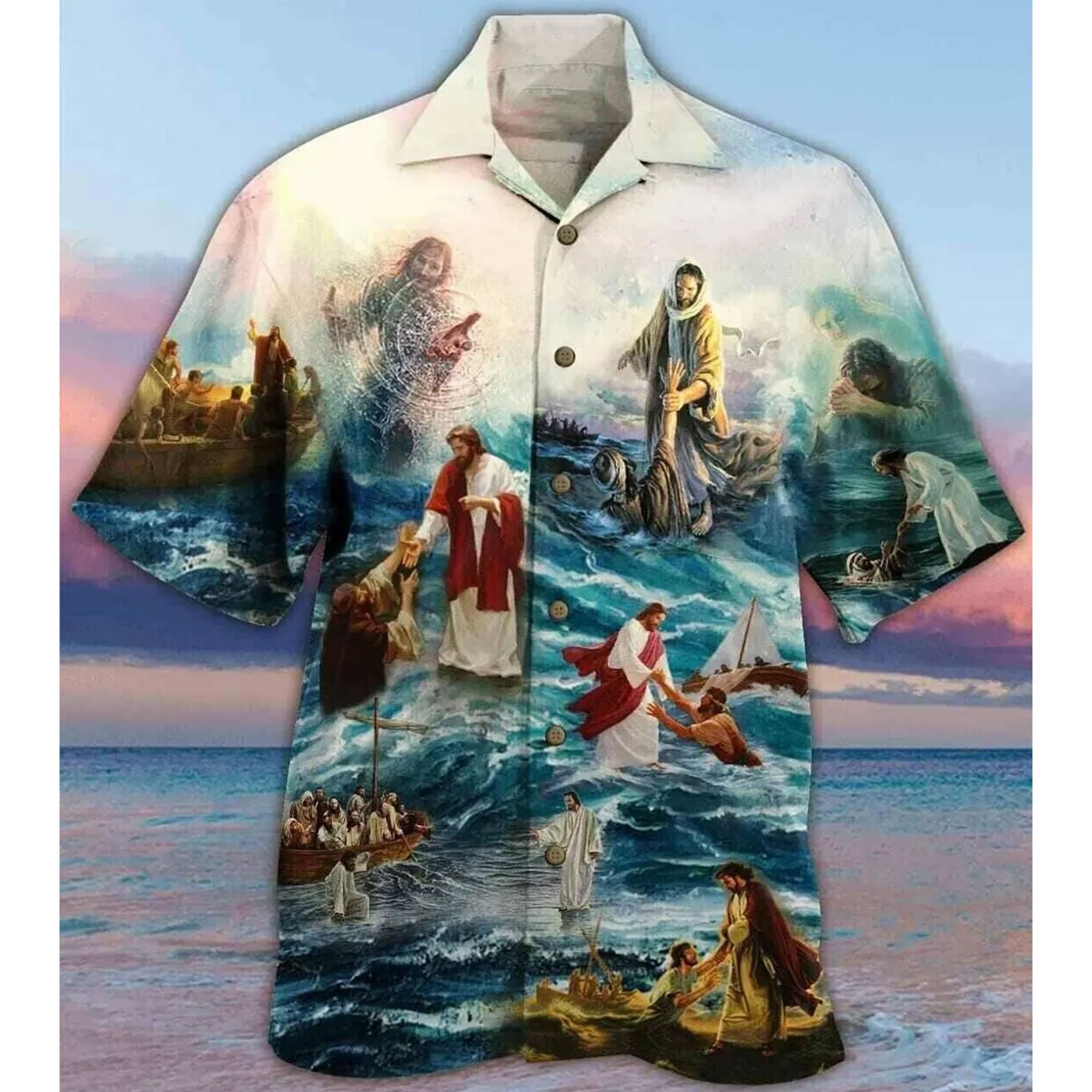 Jesus Walking on Water Hawaiian Shirt, Biblical Christian Aloha Shirt, Faith Summer Shirt