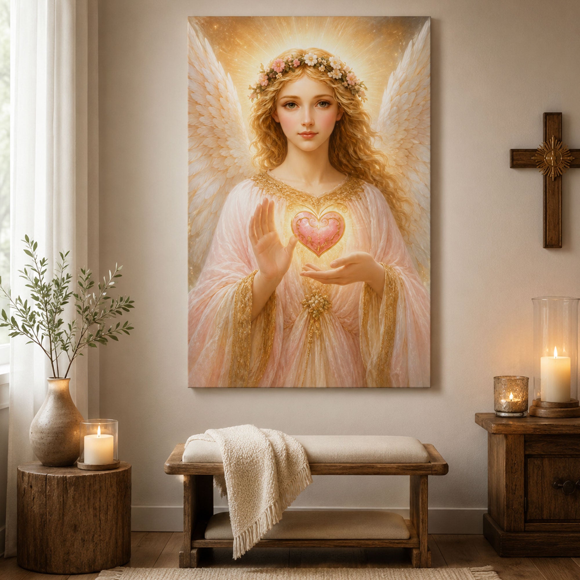 Guardian Angel Holding Heart Canvas Print, Christian Wall Art, Divine Love Faith Home Decor