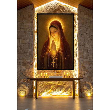 Virgin Mary Golden Halo Canvas Print, Blessed Mother Praying Wall Art, Catholic Religious Decor, Sacred Christian Home Artwork, Inspirational Faith Gift