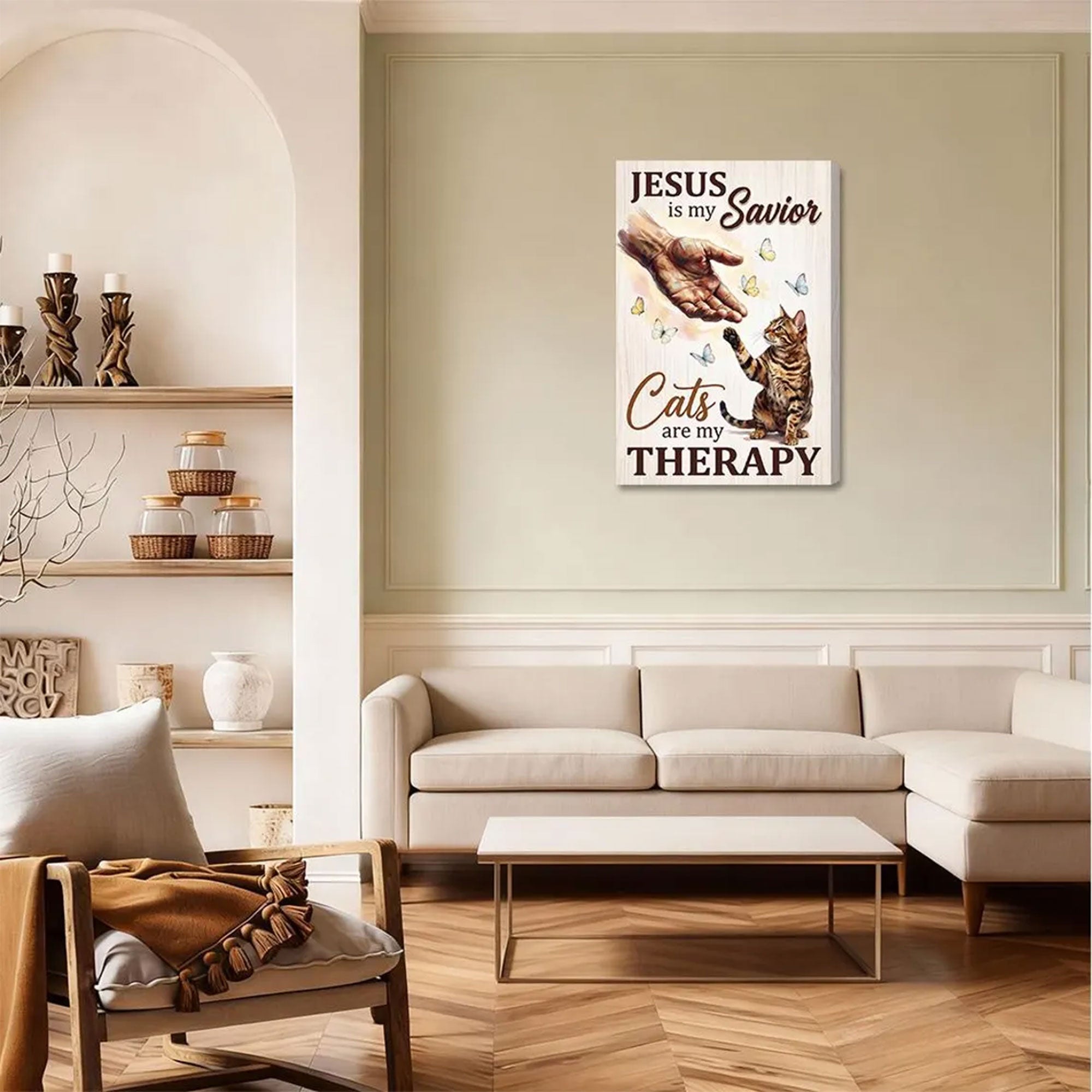 Jesus Is My Savior Cats Are My Therapy Canvas, Christian Cat Lover Gift, Home Decor