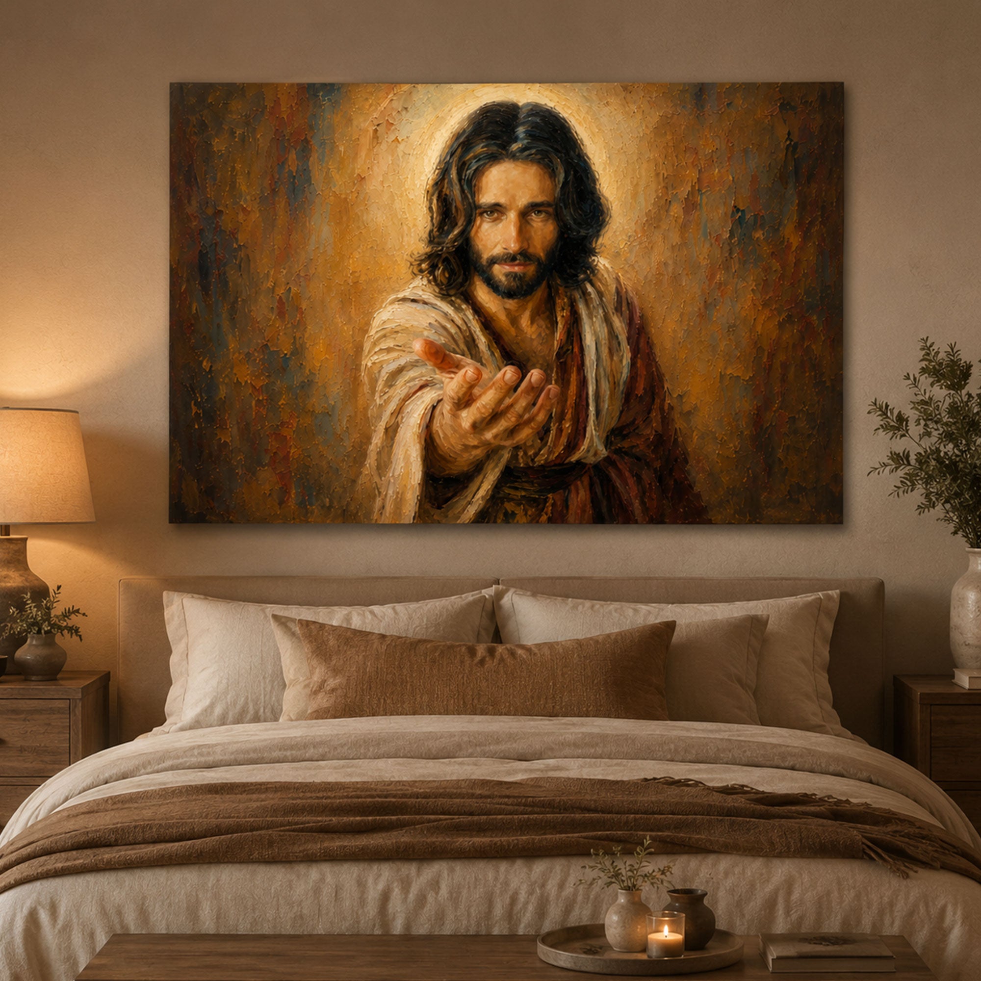 Jesus Reaching Out Canvas Print, Come to Me Christian Wall Art, Warm Faith Home Decor