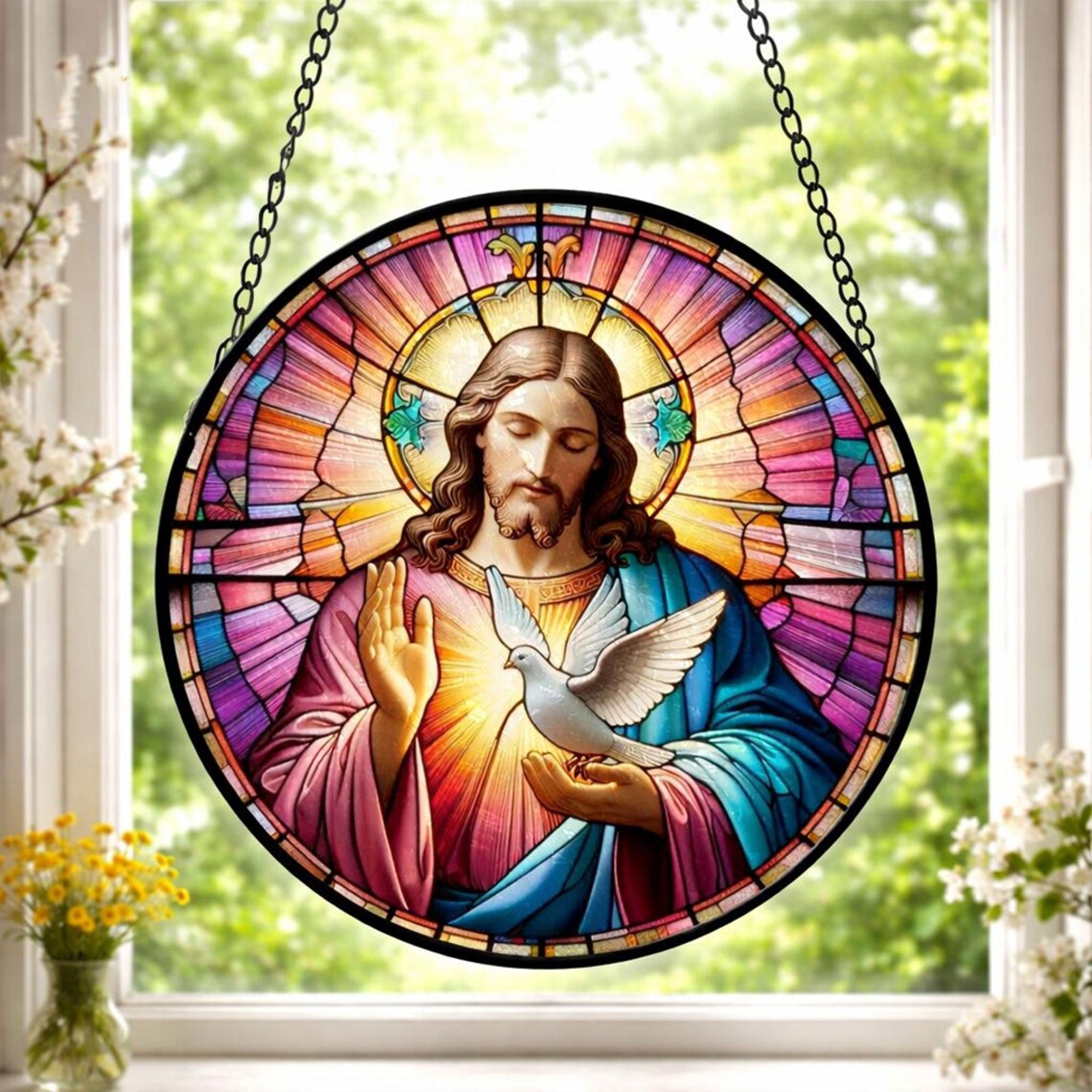 Jesus and Dove Stained Glass Suncatcher, Christian Window Hanging Decor, Holy Spirit Faith Gift, Religious Home Ornament