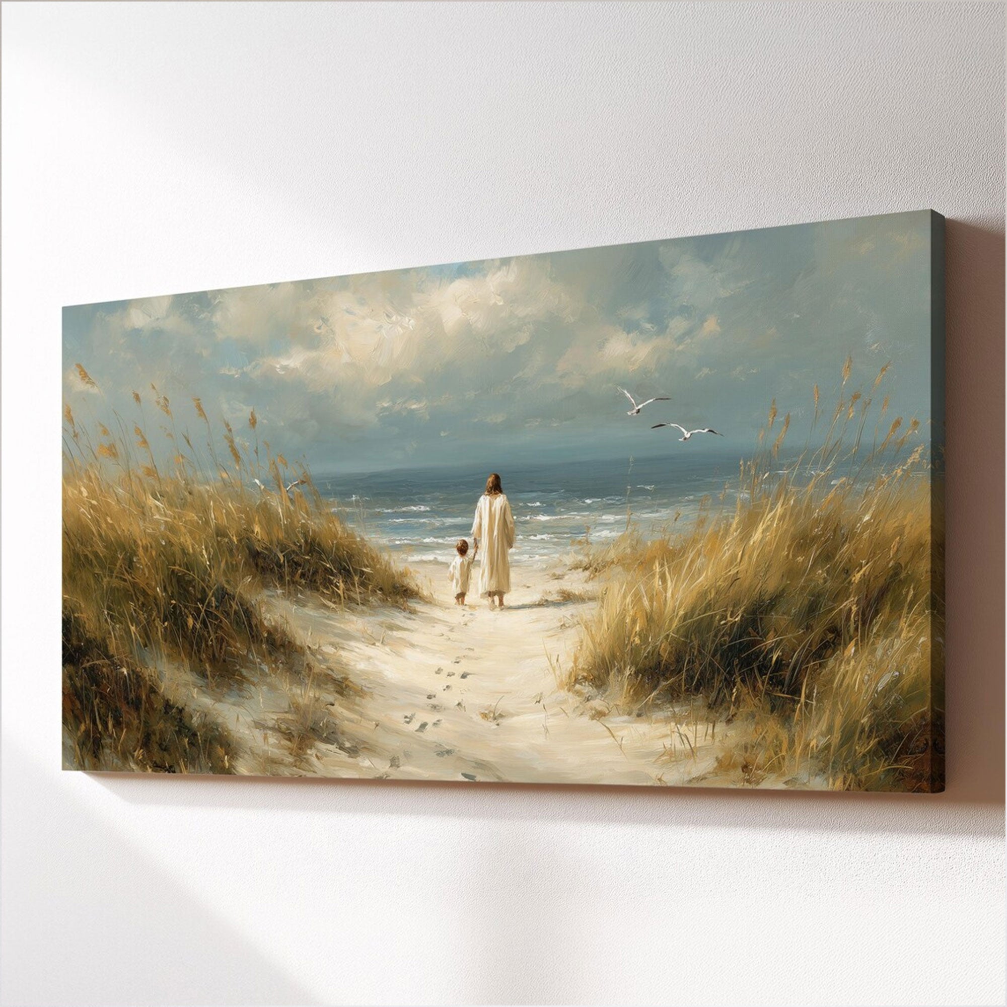 Jesus and Child Beach Canvas Print, Christian Coastal Wall Art, Faith Family Decor, Biblical Gift