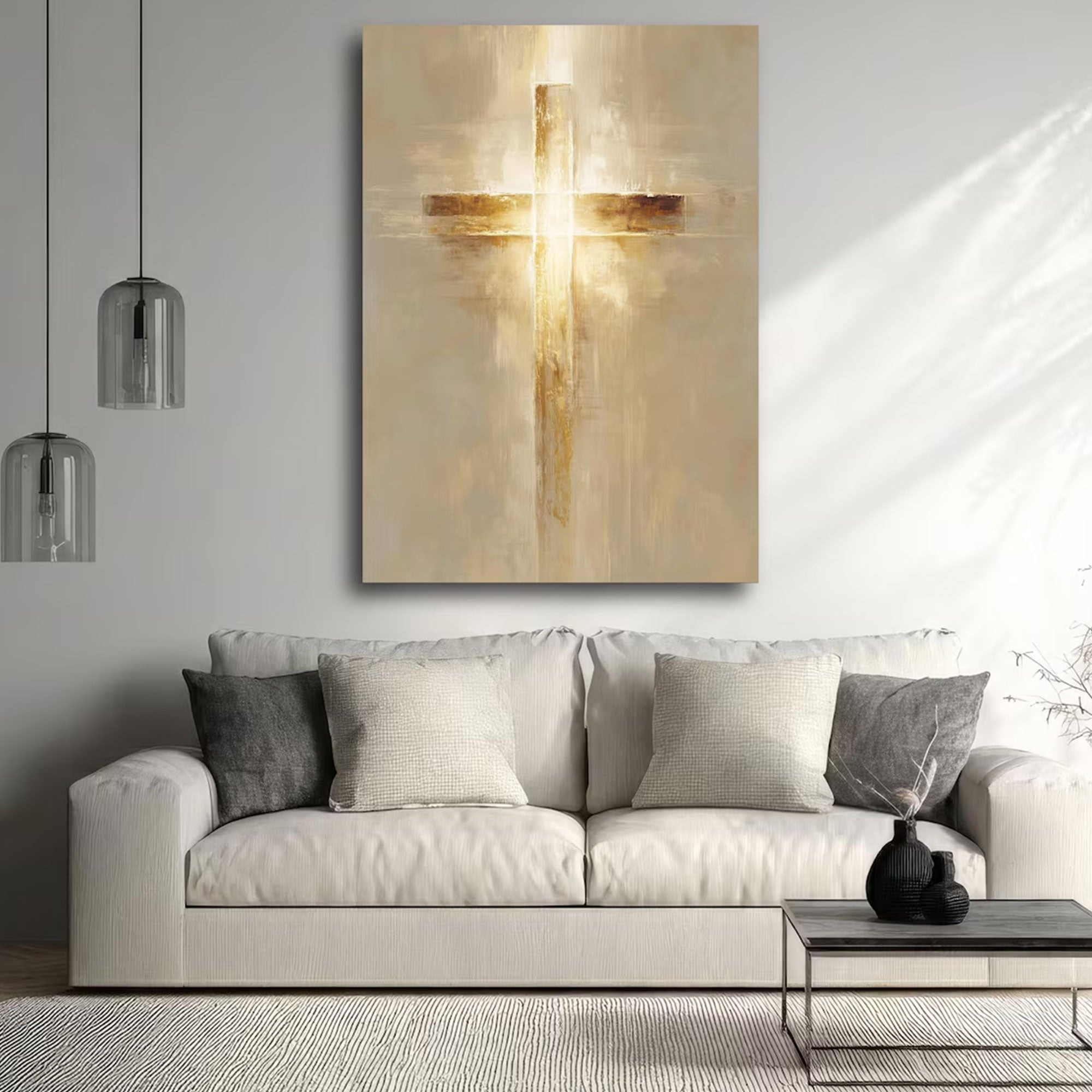Golden Glow Cross Canvas Print, Abstract Christian Wall Art, Symbol of Faith and Divine Light, Modern Religious Decor, Inspirational Spiritual Gift