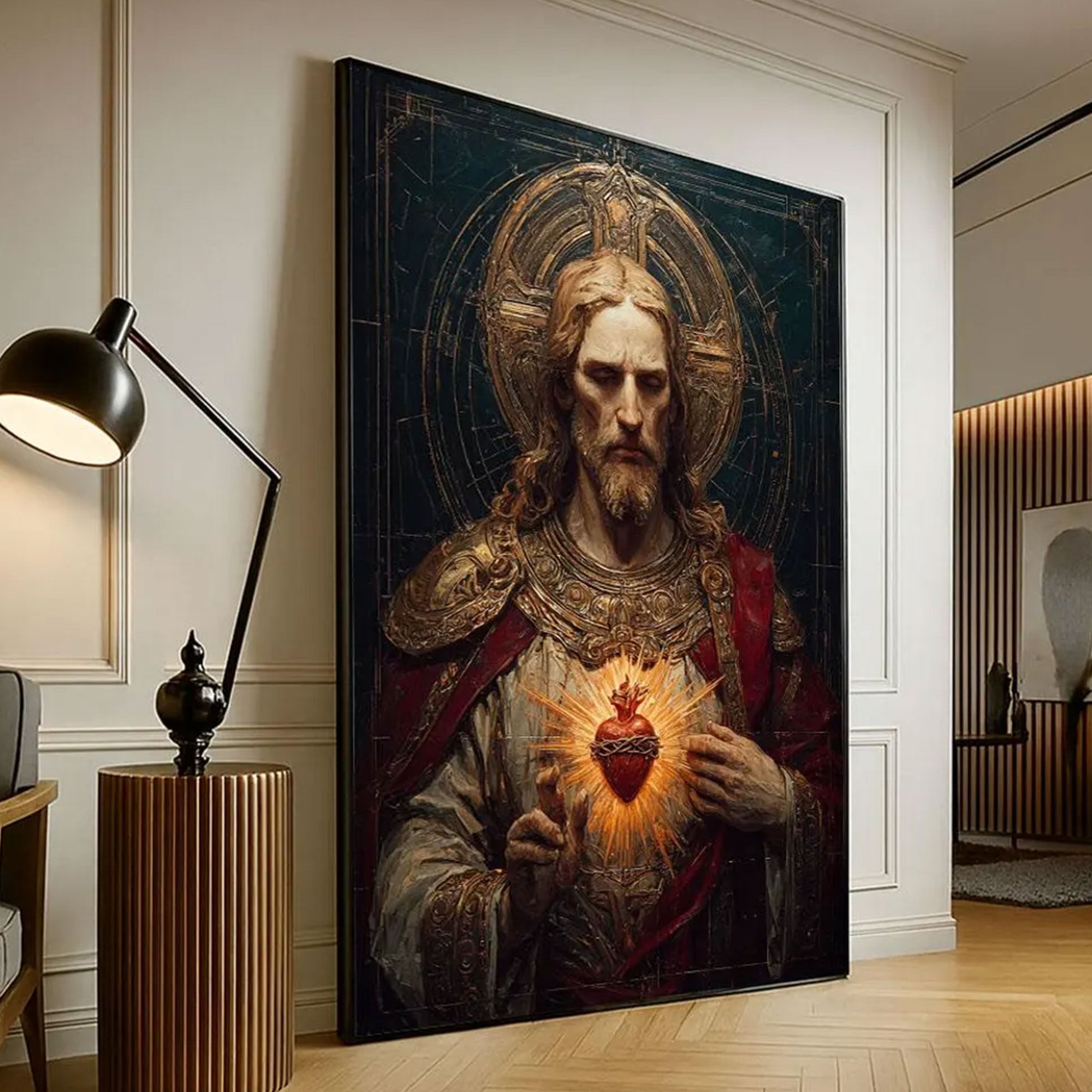 Radiant Jesus Sacred Heart Canvas Wall Art, Christian Spiritual Decor, Statement Living Room Piece