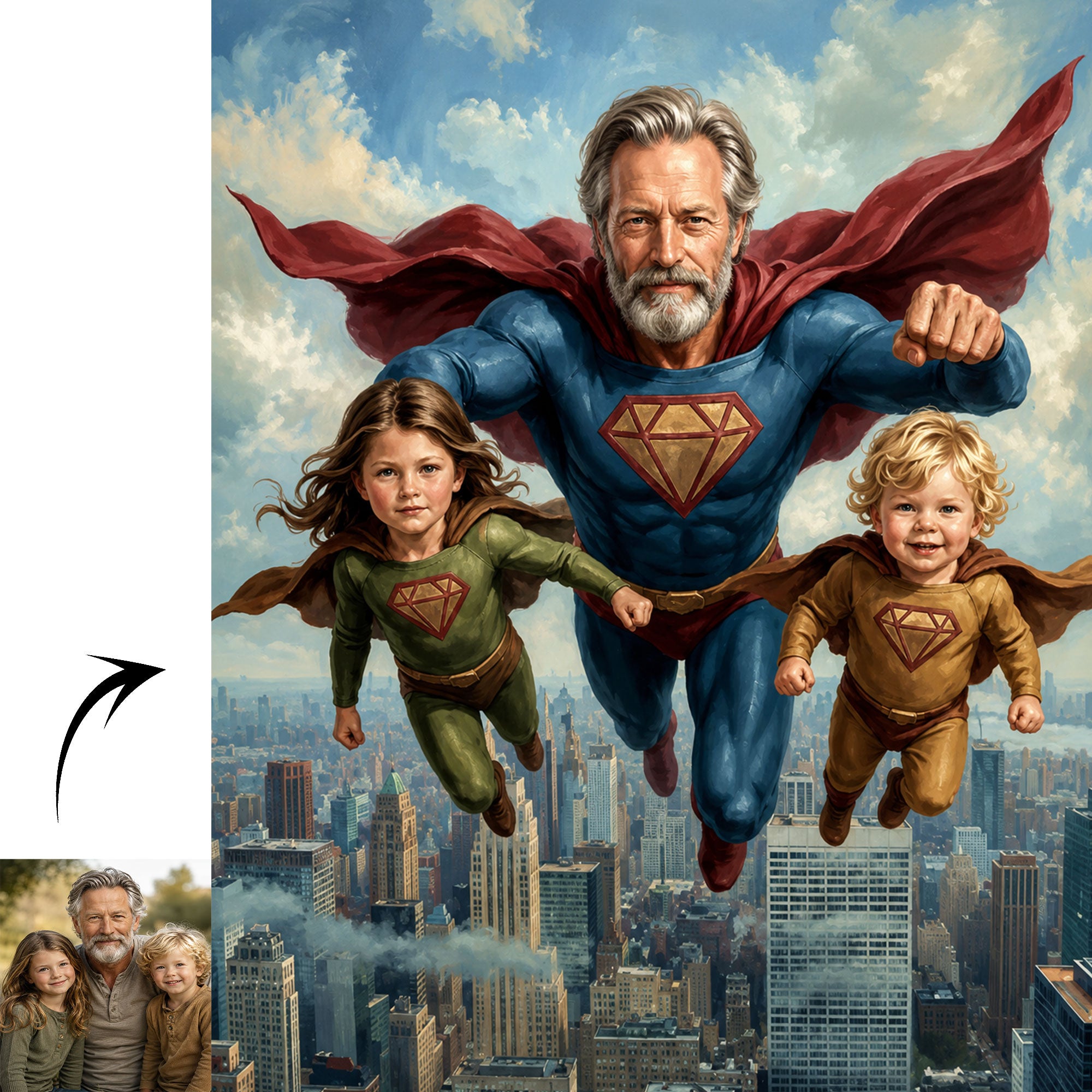 Personalized Super Hero Grandpa And Grandchildren Canvas Print, Custom Family Hero Portrait Wall Art, Father’s Day Gift For Grandpa