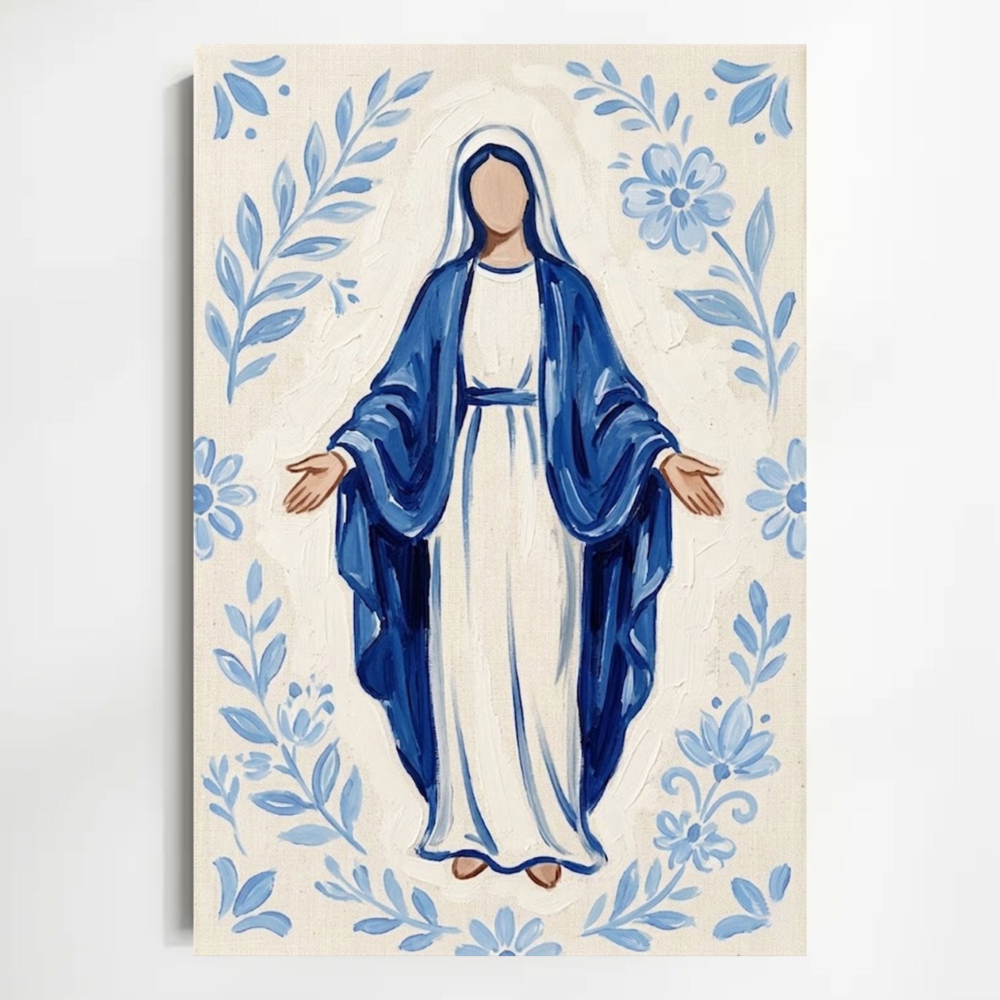 Minimalist Virgin Mary Canvas Print, Blue Madonna Catholic Wall Art, Christian Religious Decor, Sacred Home Painting
