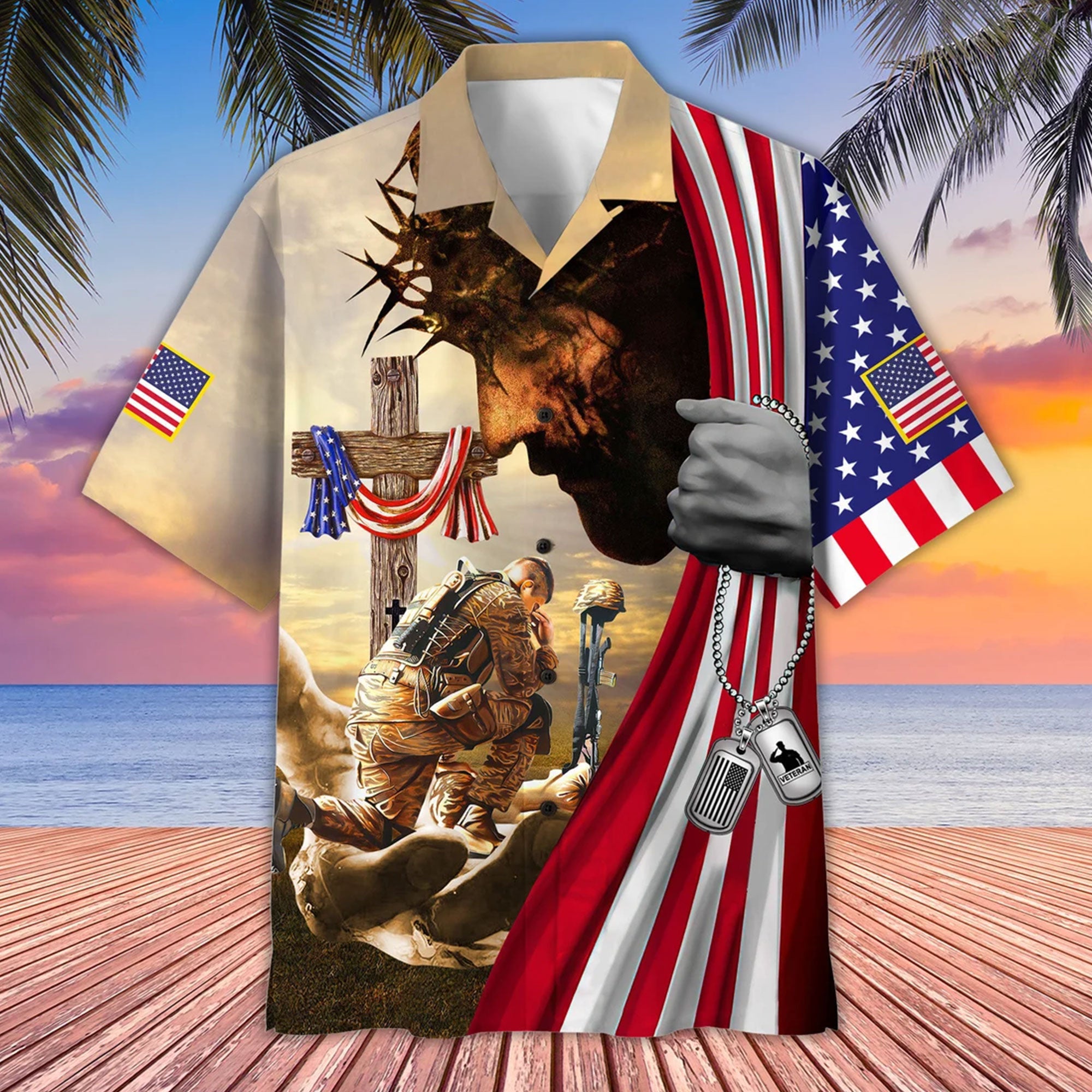 Jesus Veteran Hawaiian Shirt, Christian Patriotic Aloha Shirt, Soldier Faith Summer Shirt