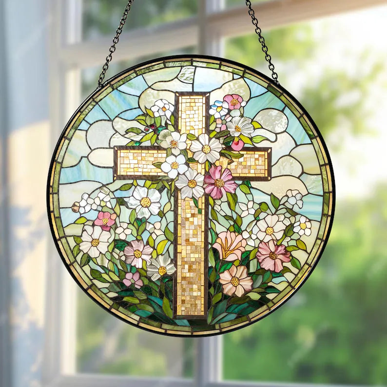 Wildflower Cross Stained Glass Suncatcher, Christian Window Decor, Faith Gift for Easter, Jesus Religious Home Decoration