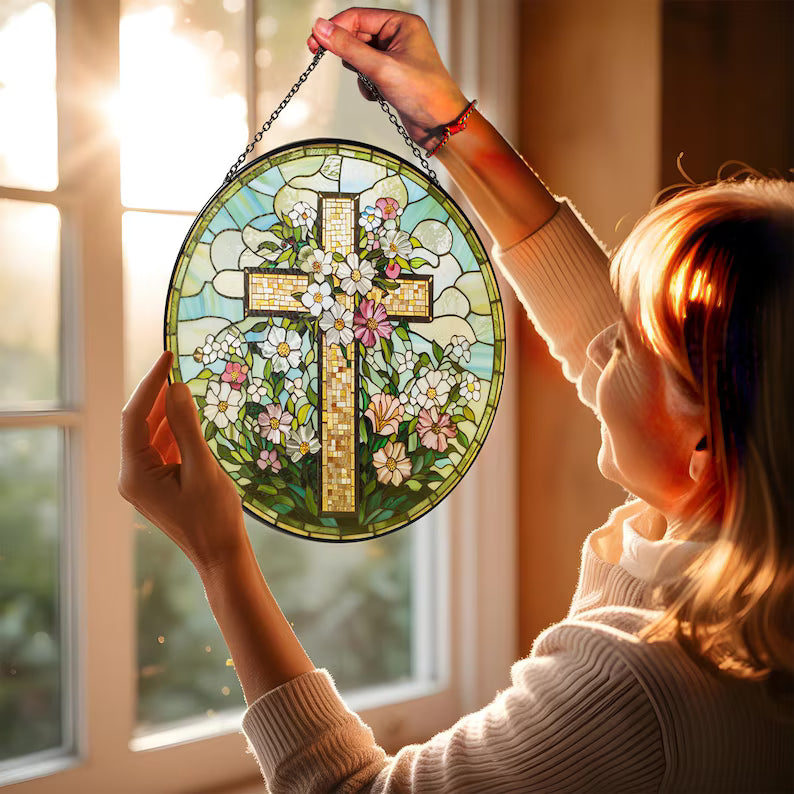 Wildflower Cross Stained Glass Suncatcher, Christian Window Decor, Faith Gift for Easter, Jesus Religious Home Decoration