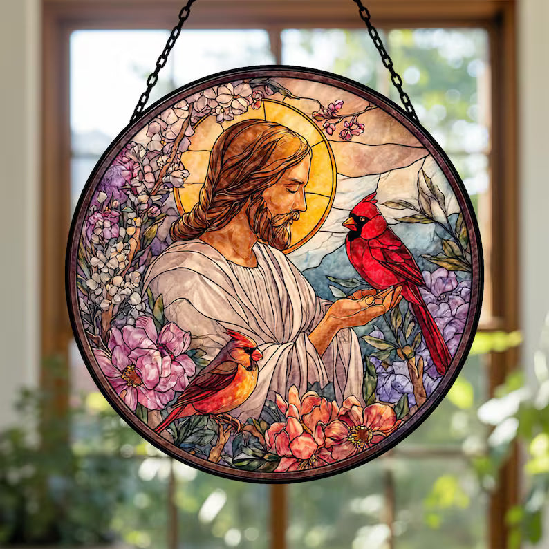 Jesus Stained Glass Suncatcher with Cardinals, Memorial Gift for Loss, Cardinal Sympathy Window Hanging, Christian Faith Decor