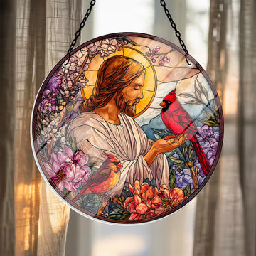 Jesus Stained Glass Suncatcher with Cardinals, Memorial Gift for Loss, Cardinal Sympathy Window Hanging, Christian Faith Decor