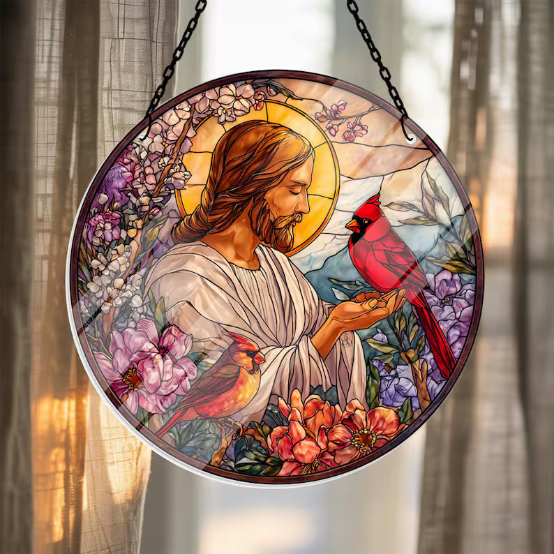 Jesus Stained Glass Suncatcher with Cardinals, Memorial Gift for Loss, Cardinal Sympathy Window Hanging, Christian Faith Decor