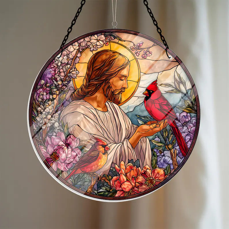 Jesus Stained Glass Suncatcher with Cardinals, Memorial Gift for Loss, Cardinal Sympathy Window Hanging, Christian Faith Decor