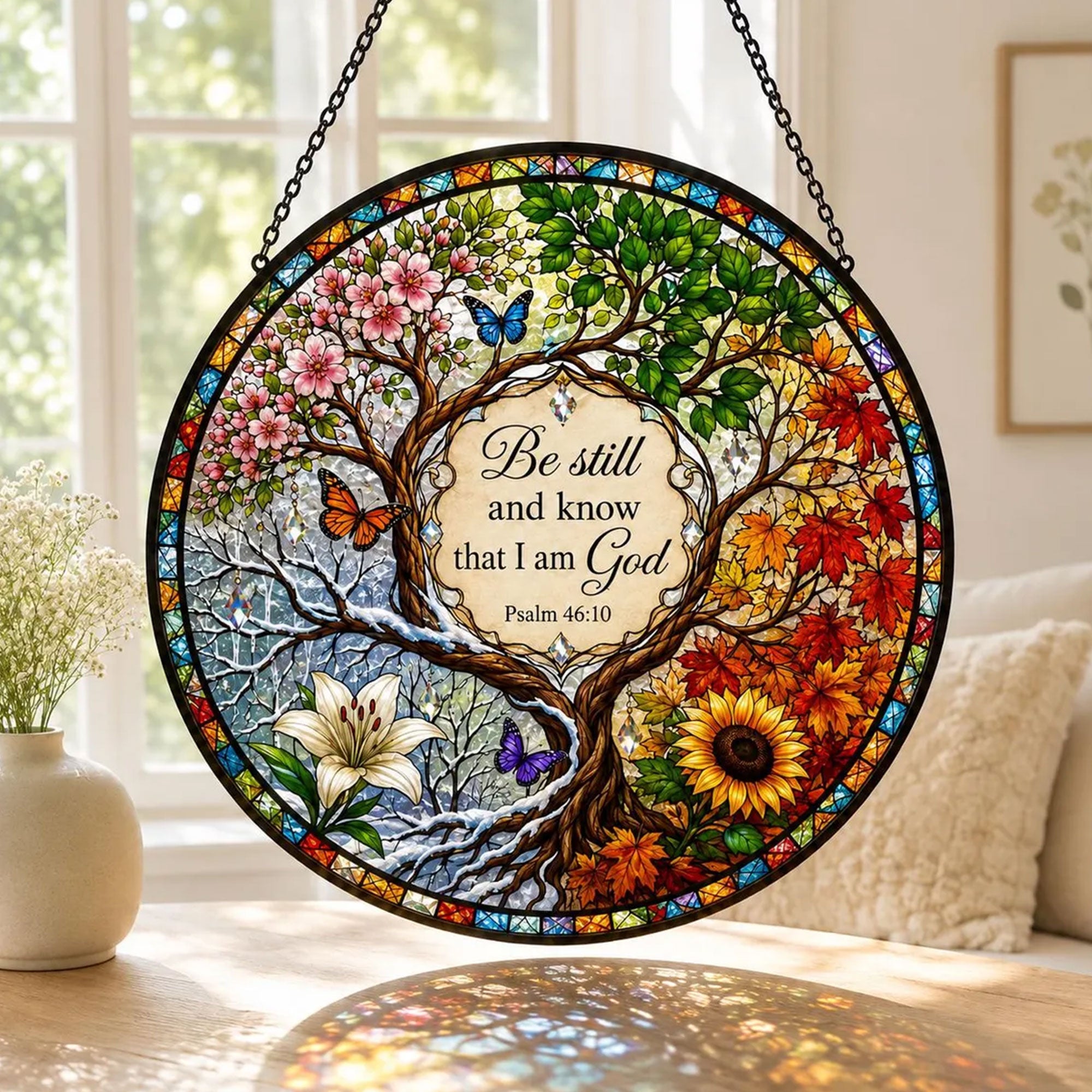 Be Still and Know That I Am God Suncatcher, Psalm 46:10 Christian Window Hanging, Four Seasons Faith Gift