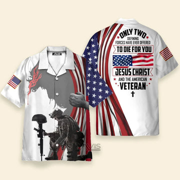 Jesus Christ & American Veteran Hawaiian Shirt, Patriotic Christian Button Down Aloha Shirt, Faith & Freedom Gift for Veterans