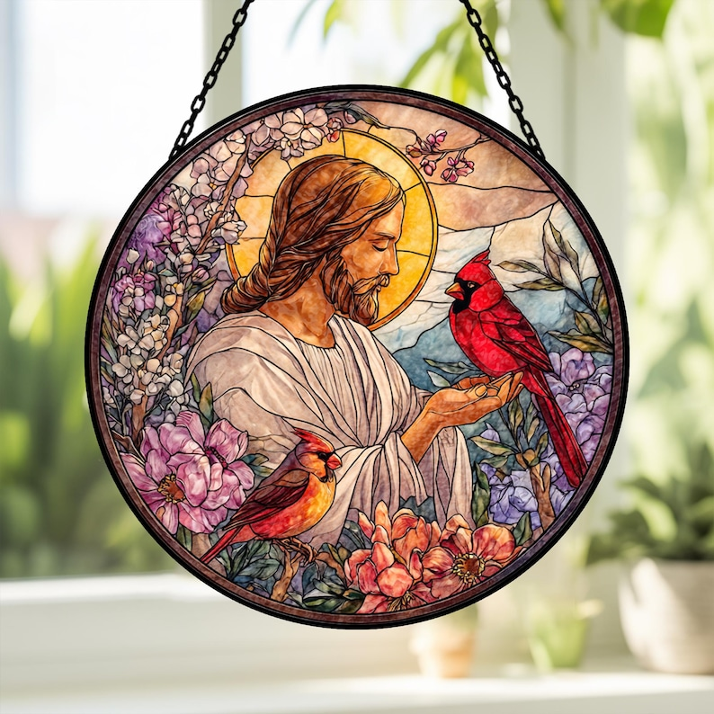 Jesus Stained Glass Suncatcher with Cardinals, Memorial Gift for Loss, Cardinal Sympathy Window Hanging, Christian Faith Decor
