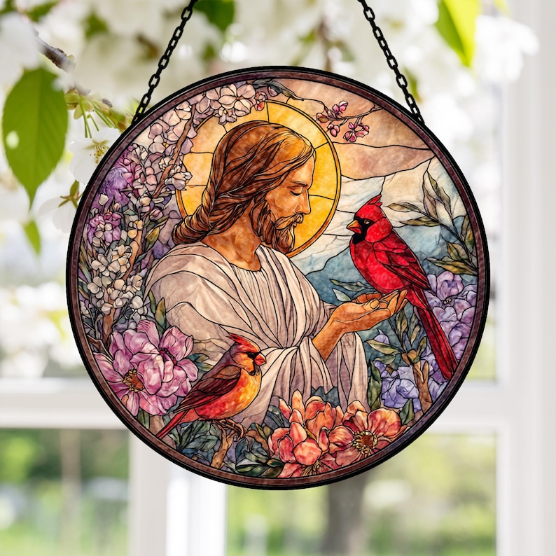 Jesus Stained Glass Suncatcher with Cardinals, Memorial Gift for Loss, Cardinal Sympathy Window Hanging, Christian Faith Decor