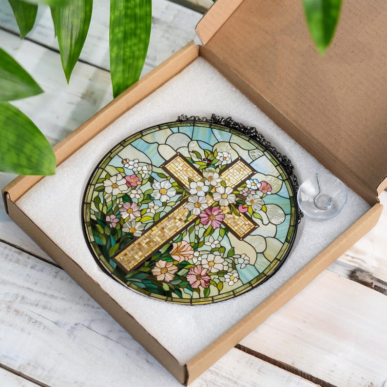 Wildflower Cross Stained Glass Suncatcher, Christian Window Decor, Faith Gift for Easter, Jesus Religious Home Decoration