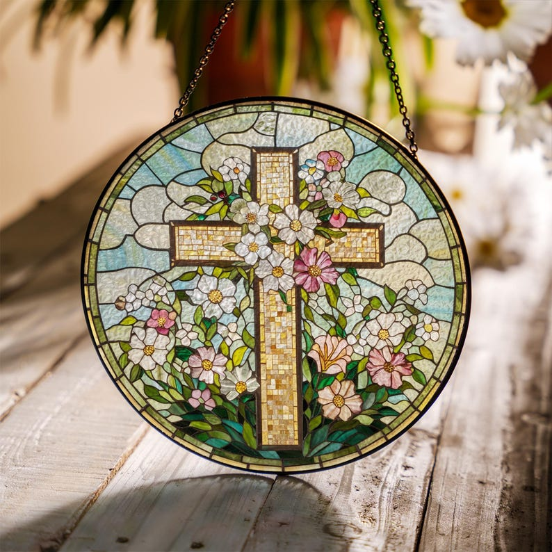 Wildflower Cross Stained Glass Suncatcher, Christian Window Decor, Faith Gift for Easter, Jesus Religious Home Decoration