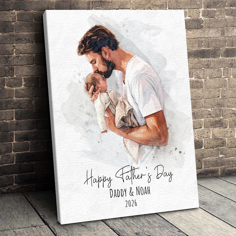 First Father’s Day Gift, Custom Watercolor Dad Portrait Canvas, Personalized Dad Gift from Baby, Husband Birthday Gift