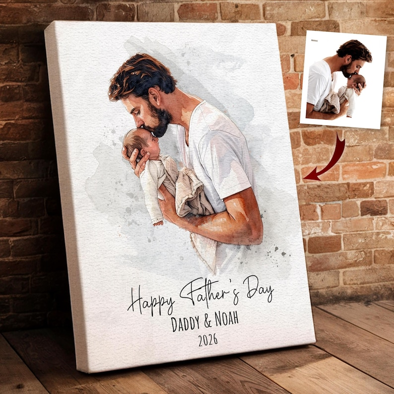First Father’s Day Gift, Custom Watercolor Dad Portrait Canvas, Personalized Dad Gift from Baby, Husband Birthday Gift